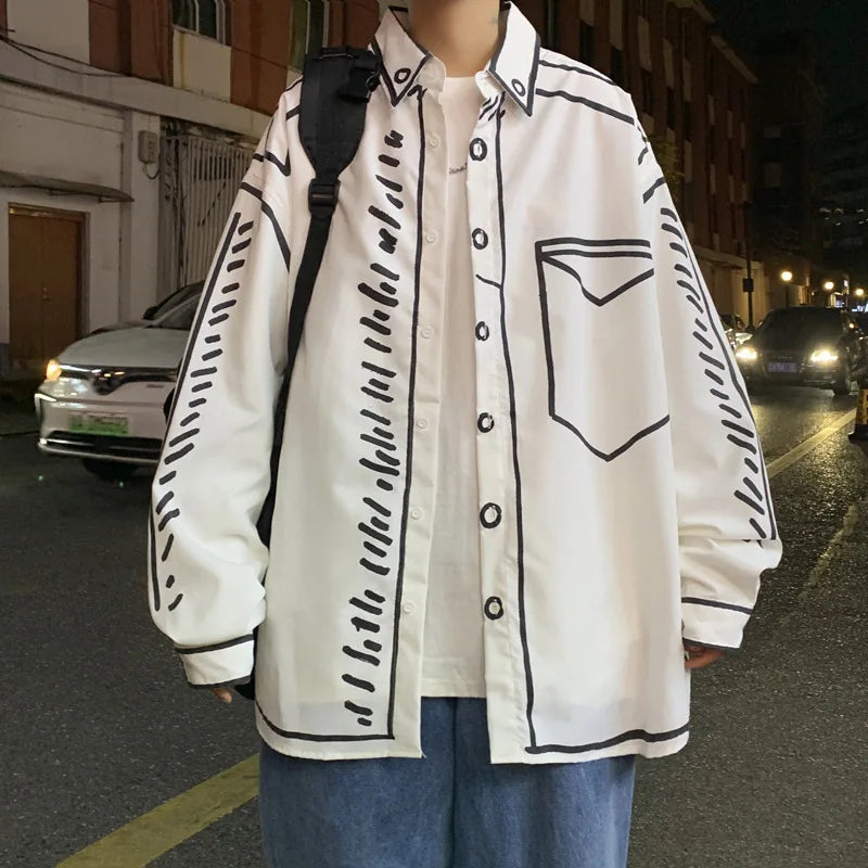 Graffiti Print Shirts Men Long Sleeve Harajuku Japanese Streetwear Preppy Designer Casual Loose Summer Couple Clothes Camisas