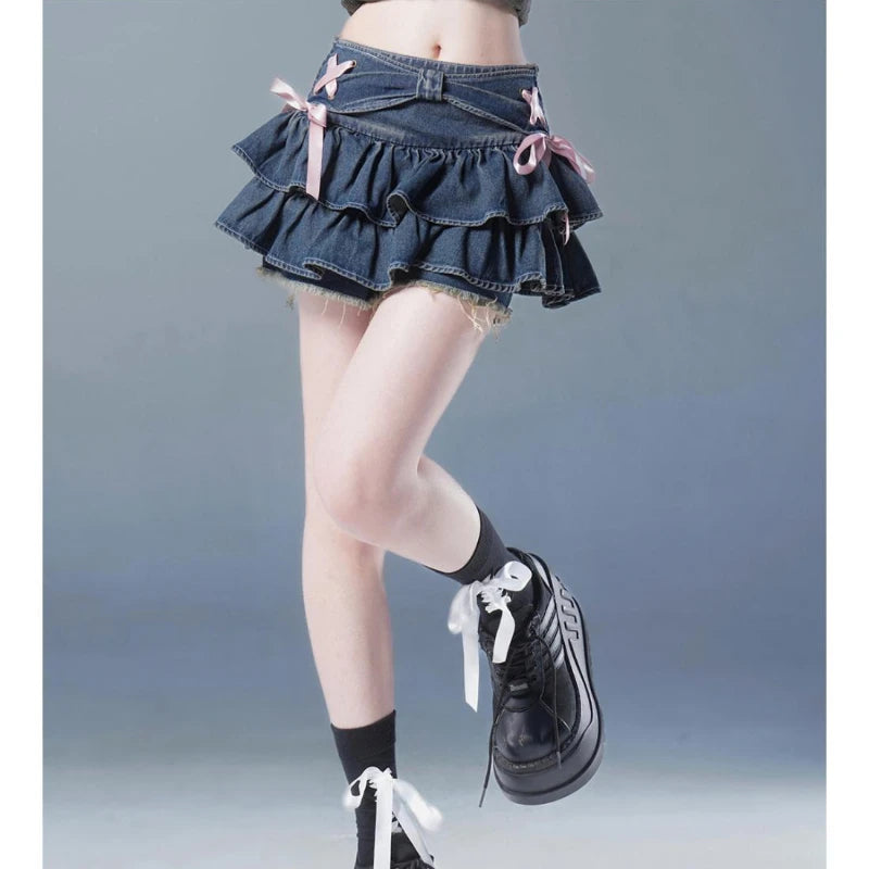 Deeptown Vintage Denim Skirt Women Pleated Sexy Short Skirts Retro Korean Fashion Aesthetics Casual A-line Streetwear Jean Skirt