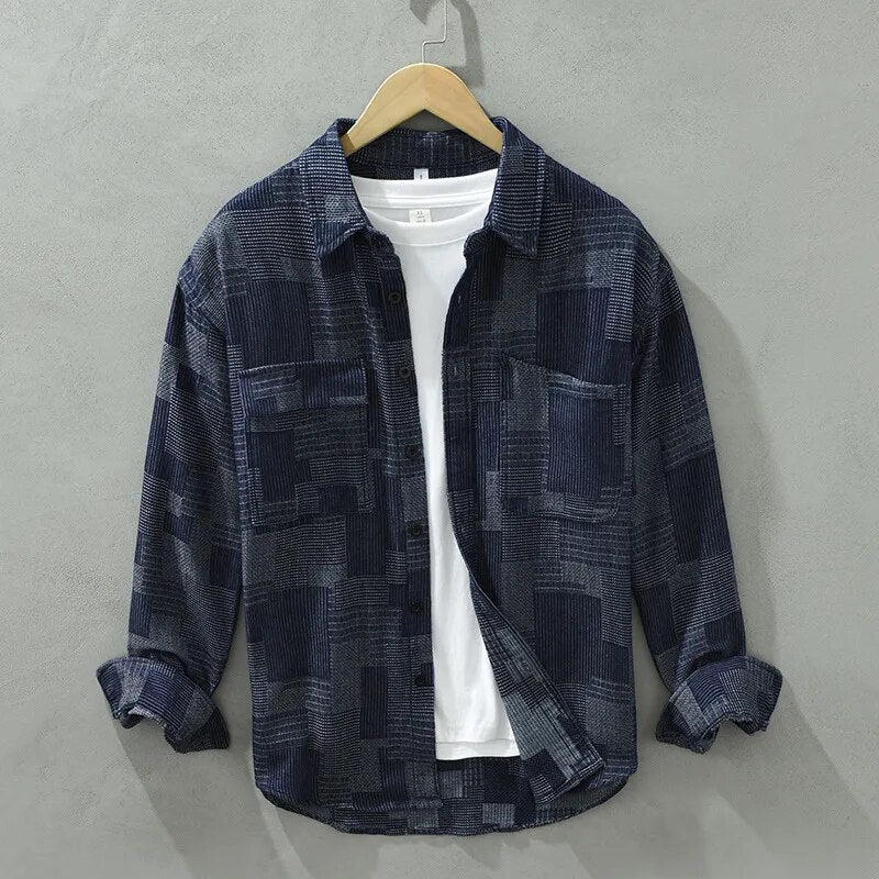 Vintage patch shirt for men, pure cotton, long sleeve, turn-down collar, solid casual clothing in blue.