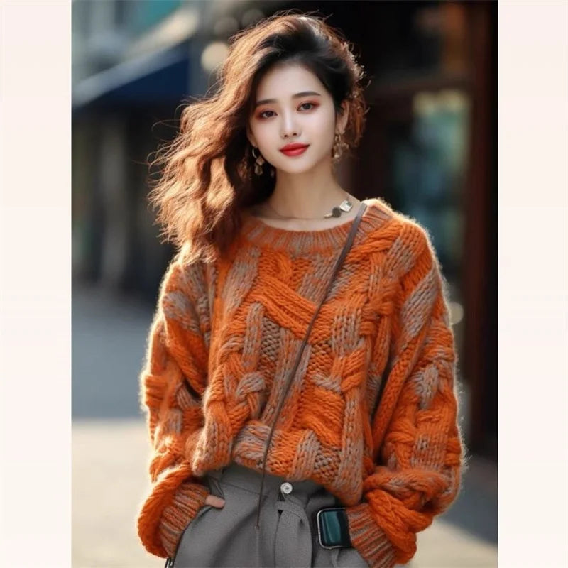 Korean Women Long Sleeves Xiaoxiangfeng Knitwear Winter Ladies Pullover Knitting 2024 Female Loose Fitting Thick Thread Sweater