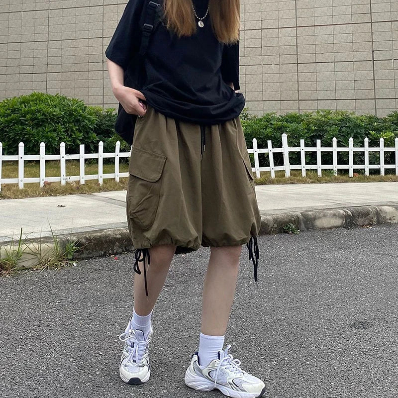 Rimocy Summer Knee Length Cargo Shorts Women 2024 Bf Harajuku Wide Leg Shorts Woman Streetwear Pockets Baggy Short Pants Female