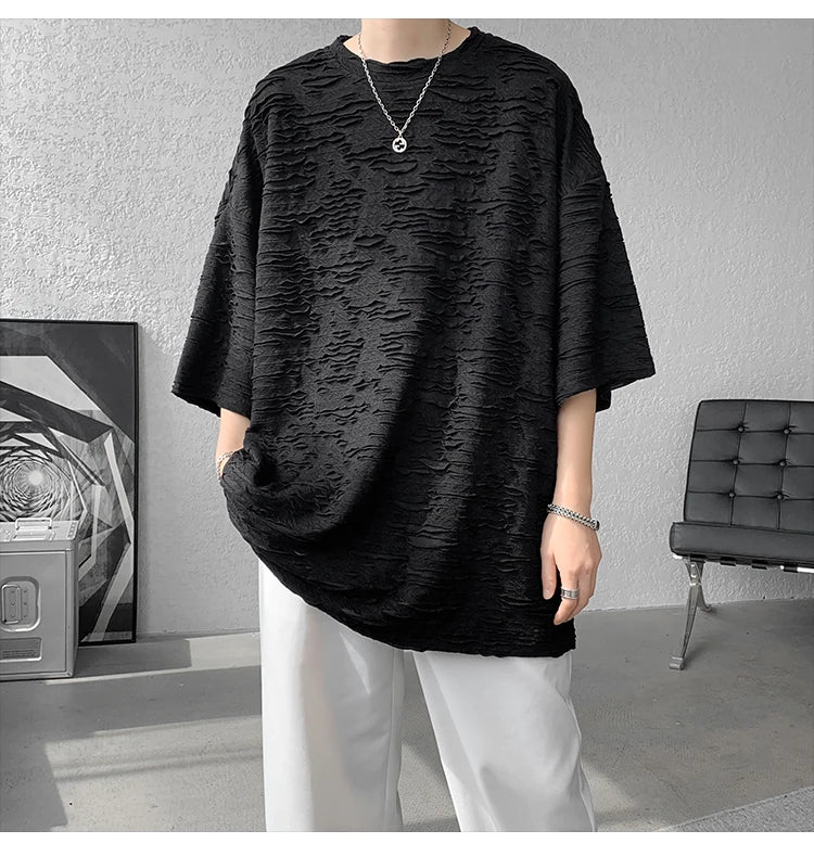 Summer Chic Fashion Holes T-Shirts For Men Clothing Short Sleeve O-Neck Loose Casual Solid Color Tee Shirt Homme Streetwear