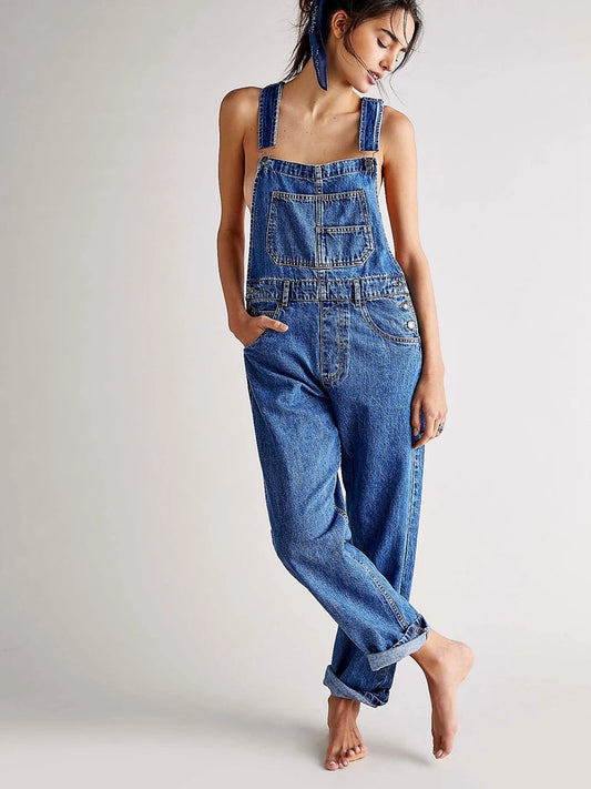 Women Vintage Retro Denim Long Jumpsuit Casual Spaghetti Strap Straight Romper Suspender Pants Summer Baggy Bib Loose Overalls