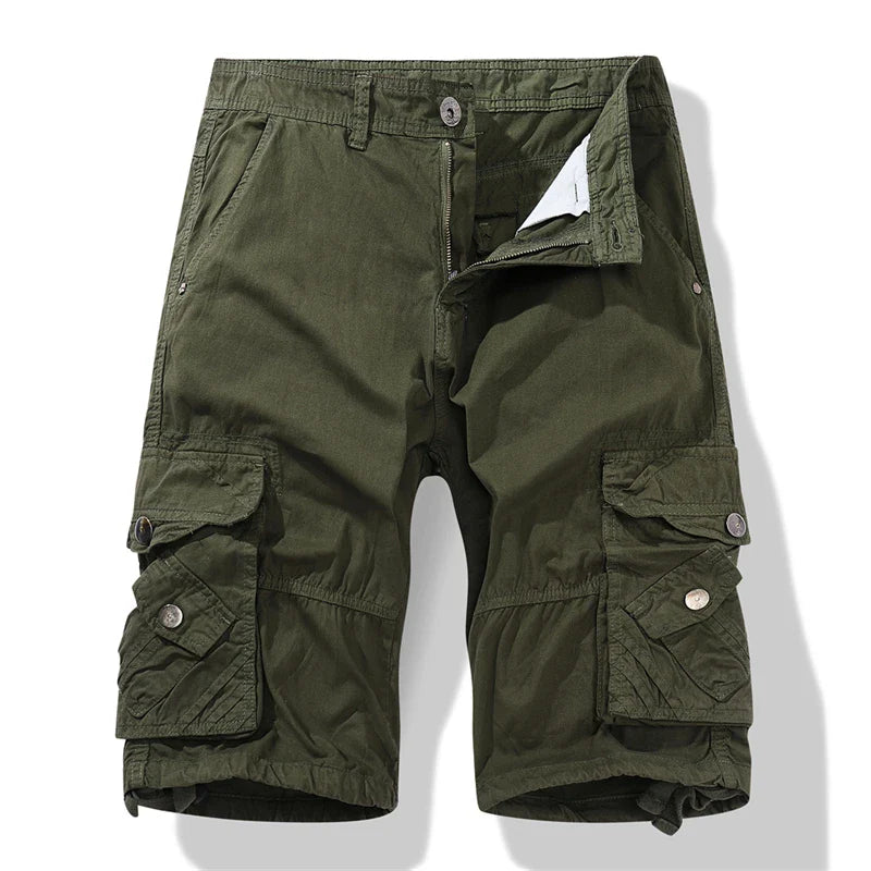 Mens casual green shorts, military cargo style, knee-length with pockets, oversized 30-38.