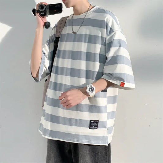 Men's Cotton T-shirt Striped Mens Oversized T Shirts Split Hem Fashion Tee Shirts Casual Wear Summer Tshirt 5XL Big Size for Man