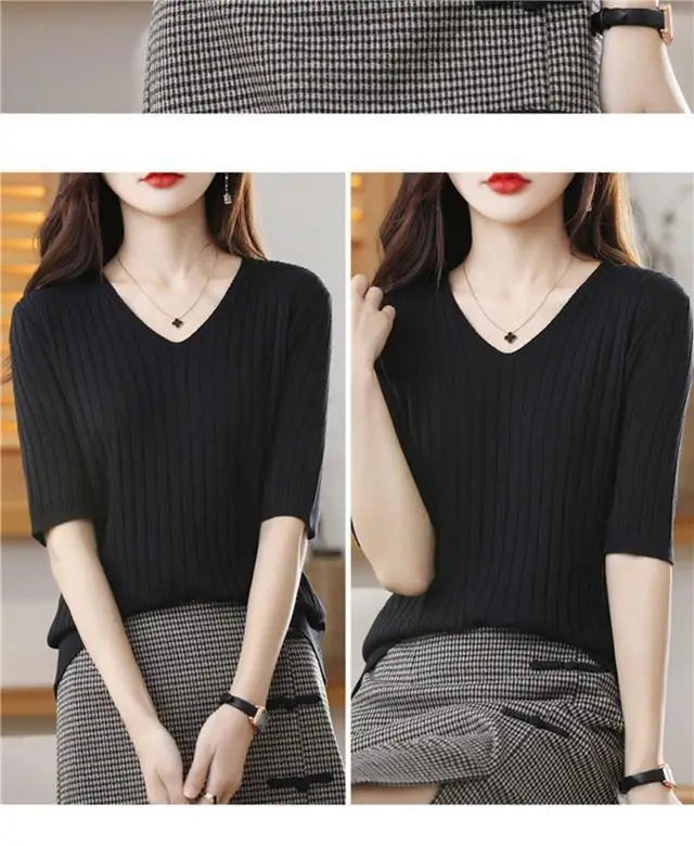 2023 New Spring Summer New Women's V-neck Short-Sleeved Exquisite Cashmere Knitted Sweater Pullover Solid Color