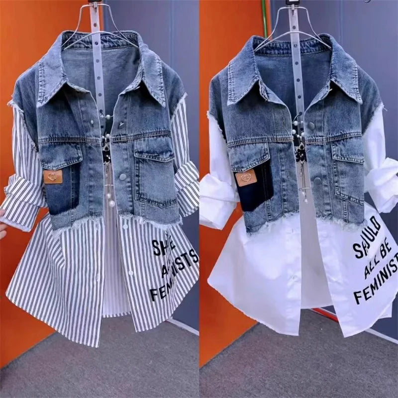 Fake Two Denim Shirts Women's Early Spring 2024 Korean Version Of Casual Western Style Joker Stitching Letter Striped Top