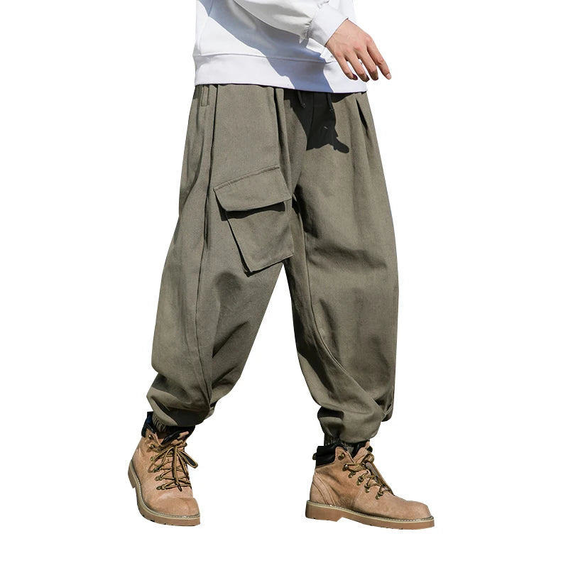 Pant Men Japanese Streetwear Solid Color Pocket Drawstring Jogger Pants Men Fashion Casual Loose Hip Hop Straight Pants Wide Leg