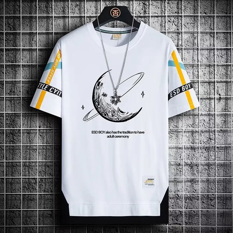 Men's Korean casual breathable t-shirt, high street fashion, printed short sleeves, O-neck design.