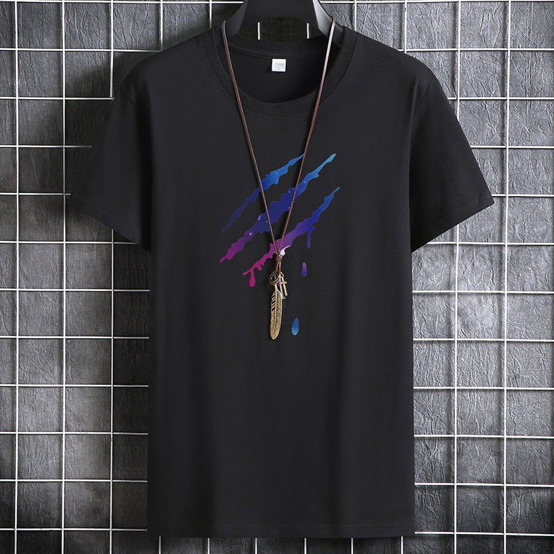 Men's casual cotton short sleeve t-shirt, solid black with colorful graphic, O-neck design.