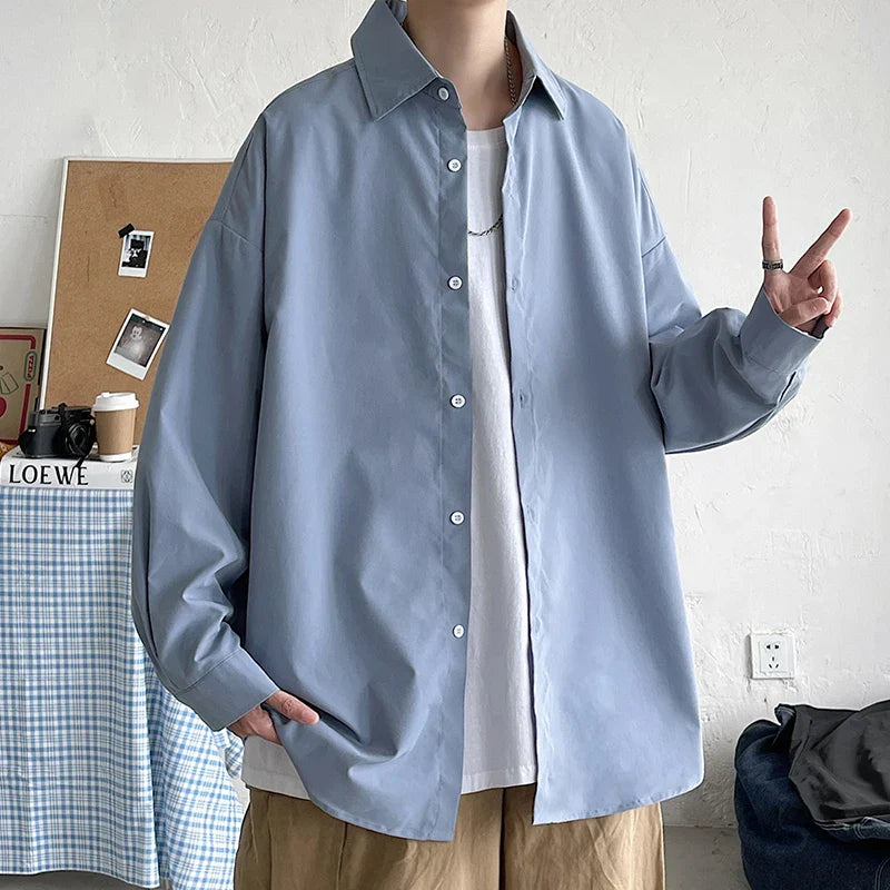 LAPPSTER-Youth Korean Fashion Black Long Sleeve Oversized Shirt for Men, Harajuku Style, Polyester-Cotton, Mandarin Collar.