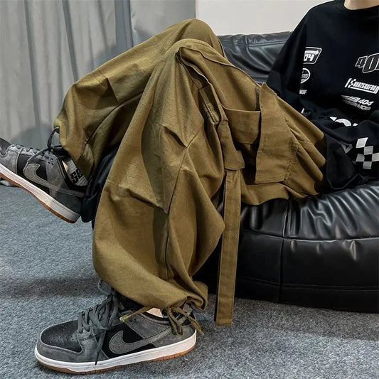 Spring Autumn Solid Color Pockets Fashion Long Pants Men All Match Cargo Pants Casual Loose Trousers Pure Cotton Male Clothes