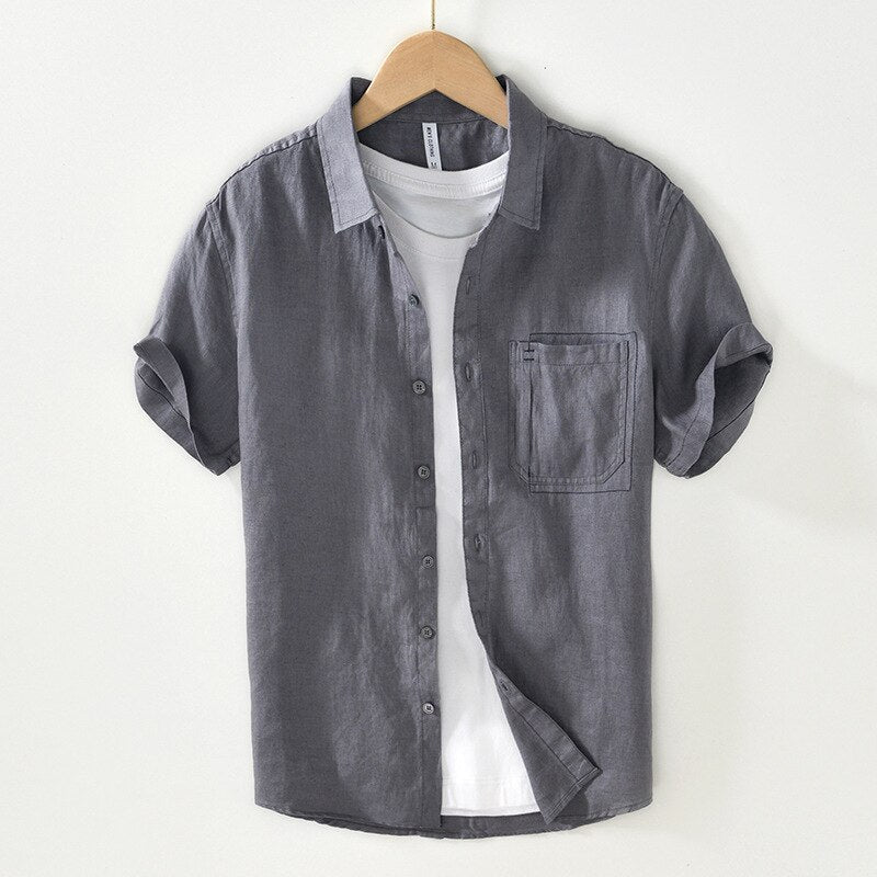 2023 summer casual cargo short sleeve pure linen shirt for men - BL993.