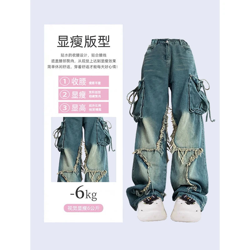 Women Blue Cargo Jeans Baggy Vintage 90s Aesthetic High Waist Cowboy Pants Harajuku Denim Trousers Y2k Trashy 2000s Clothes 2024