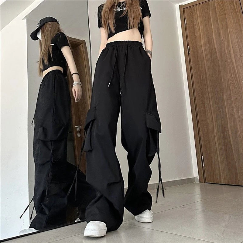 Zoki Harajuku Women Cargo Pants Streetwear Y2K Hip Hop Black Trousers Fashion High Waist Lace Up Female Loose Design Pants New