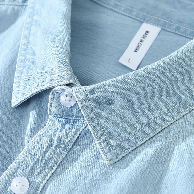 Men’s denim shirt, long sleeve, soft 100% cotton, turn-down collar, light blue.