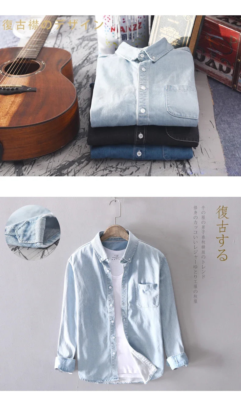 Autumn New 100% Cotton Men's Denim Shirt Casual Male Long-sleeved Shirts Street Japanese Fashion Slim Clothes Light Blue Black