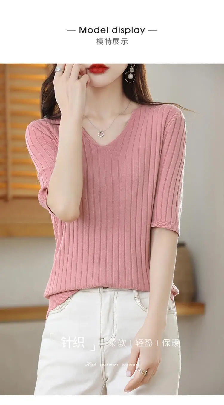 2023 New Spring Summer New Women's V-neck Short-Sleeved Exquisite Cashmere Knitted Sweater Pullover Solid Color