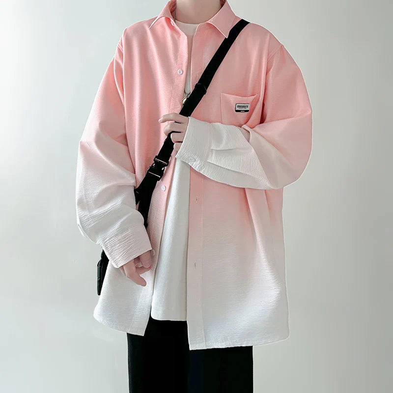 Men's gradient pink and white plicated long sleeve loose Korean casual oversize shirt with turn-down collar.