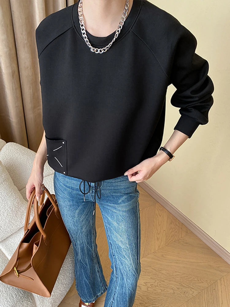 [LANMREM] Embroidered Design Pullover Sweatshirt Women Solid Round Neck Long Sleeve Casual Loose Tops 2024 Spring New 26D6445