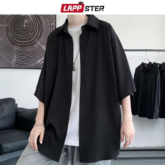 LAPPSTER Korean fashion black short sleeve oversized shirt, vintage Japanese streetwear style.