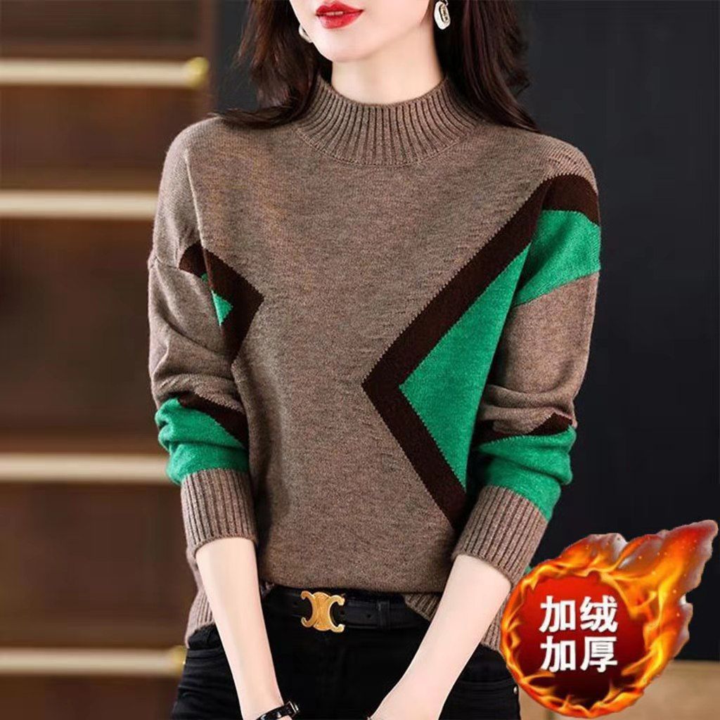 Velvet and Thickened Women's Top 2024 New Autumn/Winter Korean Edition Color Block Knitted Half High Neck Sweater