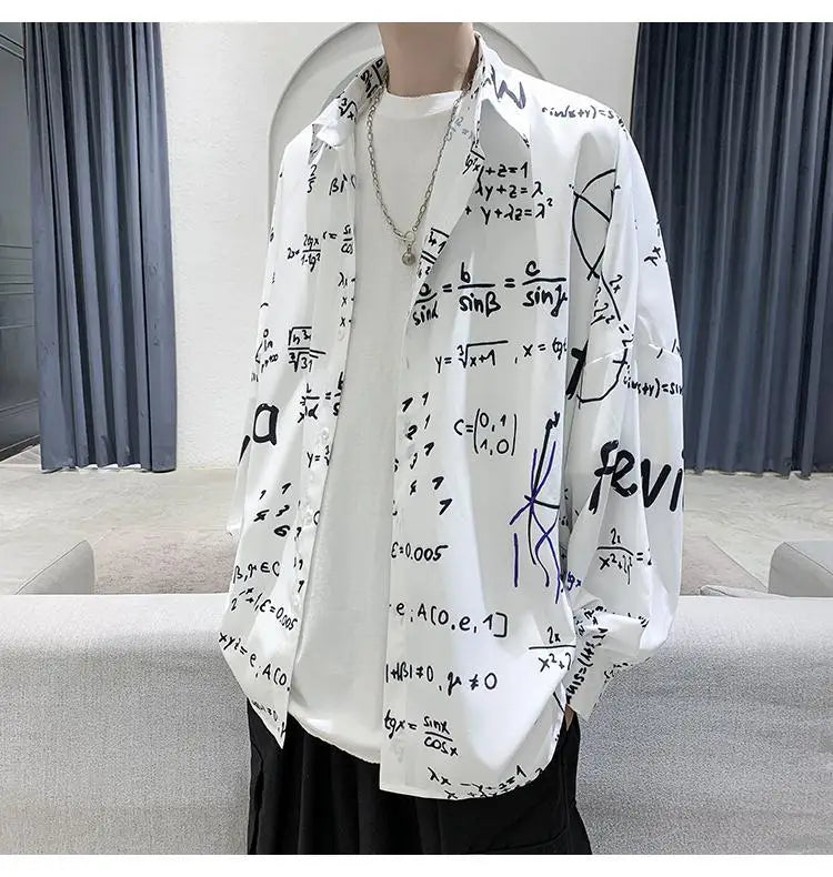 2023 New Spring and Autumn Trend Hong Kong Style Japanese Casual Loose and Luxury Korean Edition Simple Printed Men's Shirt