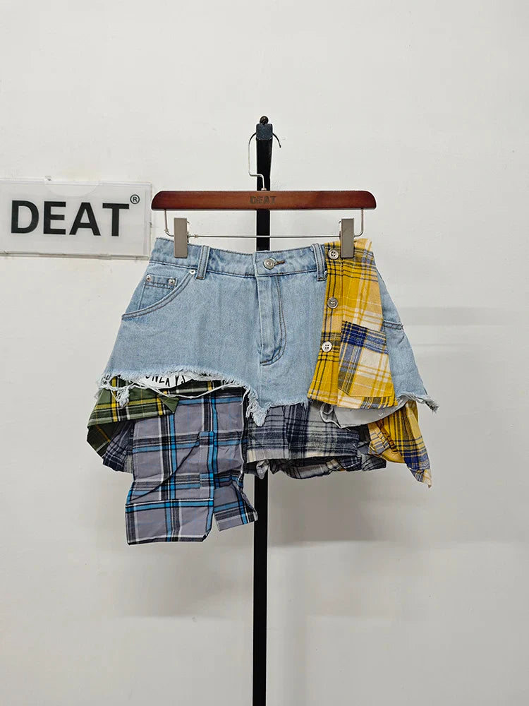 DEAT Women's high waist denim skirt with colored plaid patchwork, irregular deconstructed A-line mini skirt.