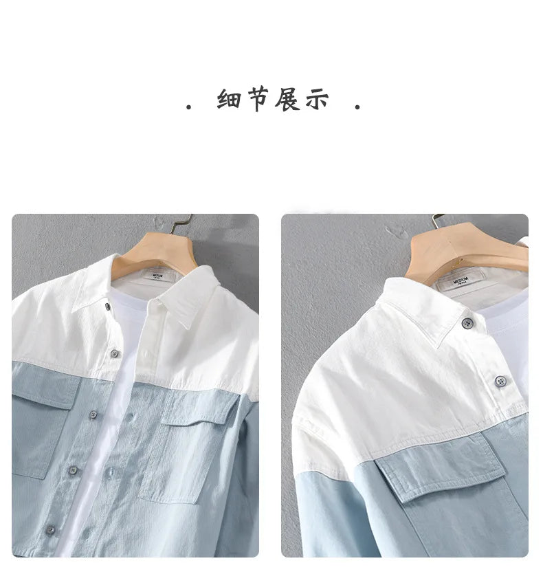 Contrast Color Patchworked Shirt Men Clothing Cotton Long Sleeve Spring Autumn Retro Cargo Casual Wear Pockets Fashion Loose