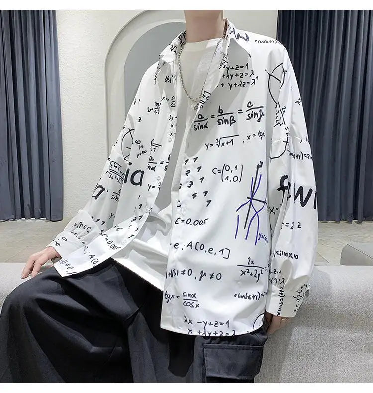 2023 New Spring and Autumn Trend Hong Kong Style Japanese Casual Loose and Luxury Korean Edition Simple Printed Men's Shirt