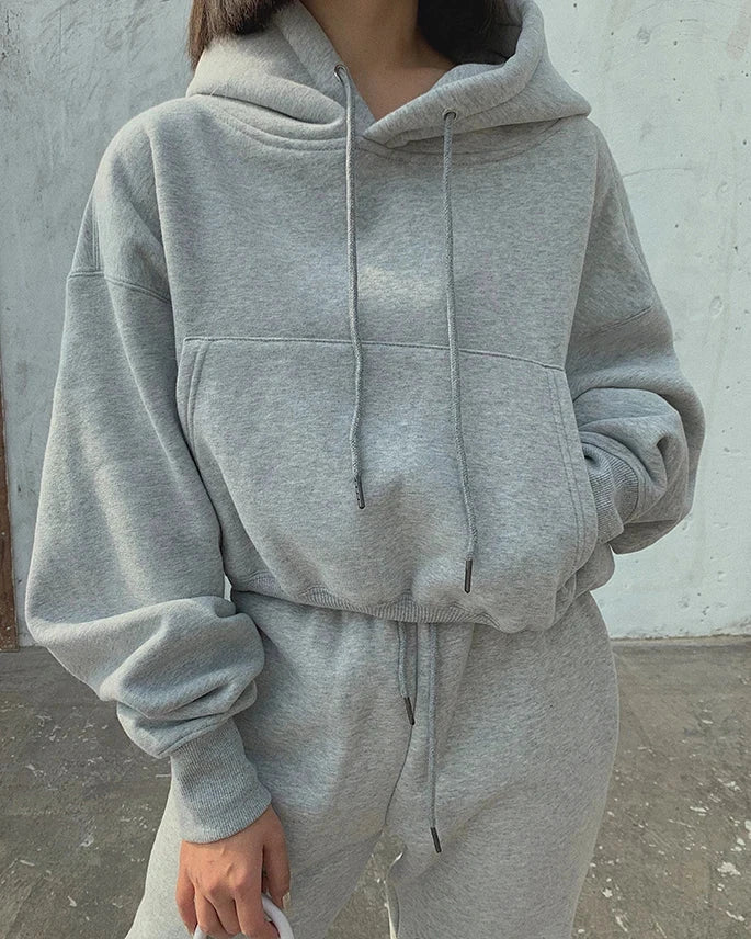 Women's solid fleece hoodies suit, casual tracksuit, winter-spring pullover sweatshirt and sweatpants set.