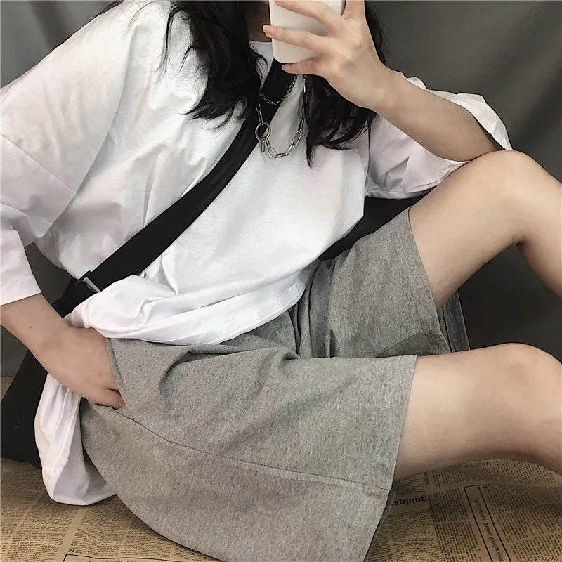 Summer Gray Shorts Women Fashion Ladies Elastic Waists Short Pants High waist Streetwear Wide-leg Oversize Simple Unisex Short