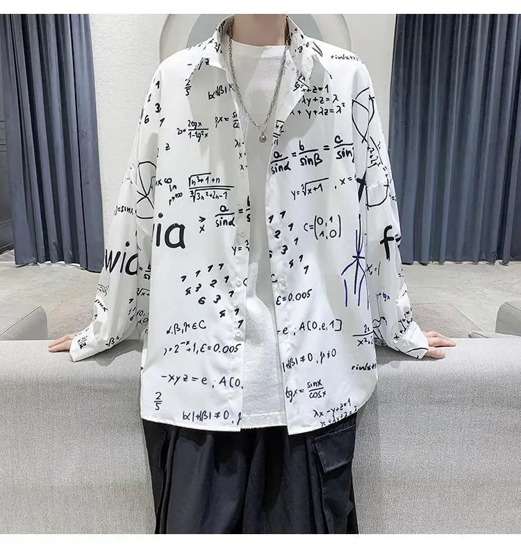 2023 New Spring and Autumn Trend Hong Kong Style Japanese Casual Loose and Luxury Korean Edition Simple Printed Men's Shirt