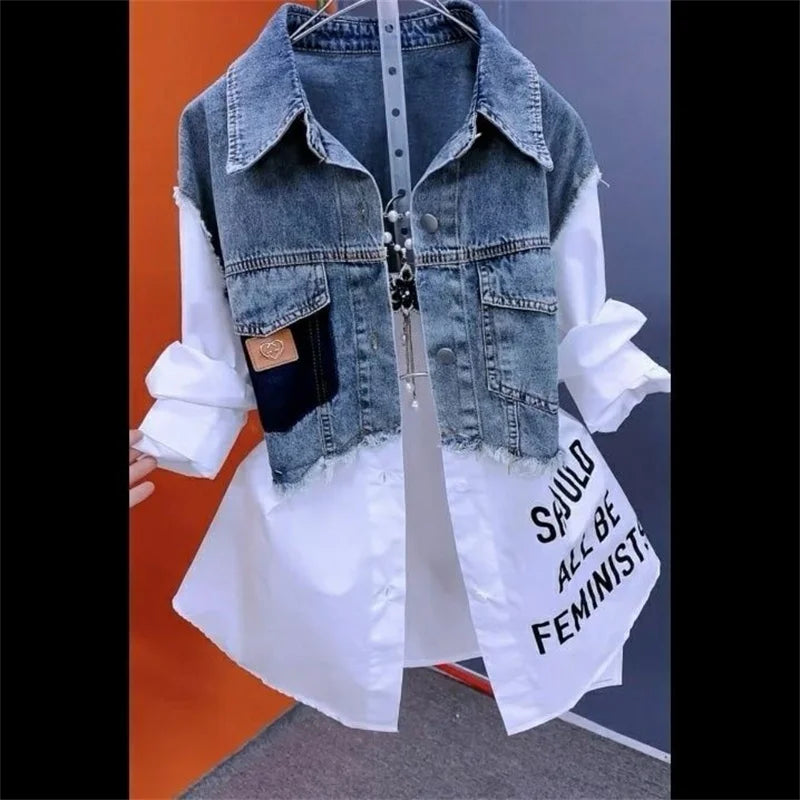 Fake Two Denim Shirts Women's Early Spring 2024 Korean Version Of Casual Western Style Joker Stitching Letter Striped Top