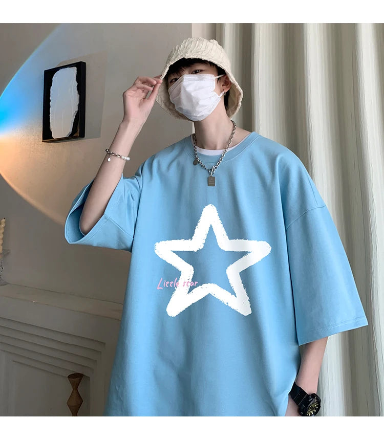 Little Star Printed Men's T Shirt Summer Fashion Casual Short Sleeve Tee Tops Mens Cotton Linen Oversized Hip-Hop T-shirt 5XL