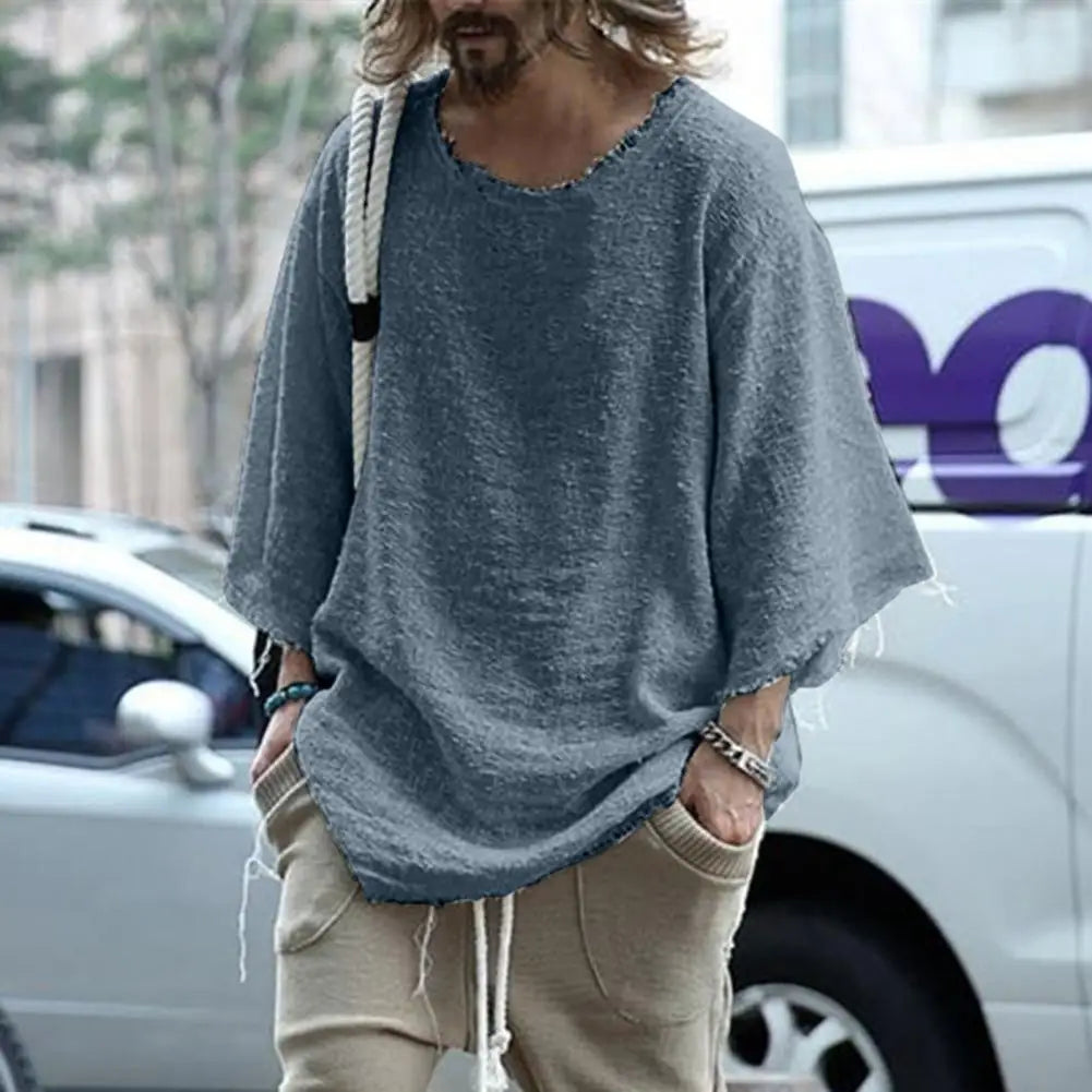 Men's casual loose pullover with hollow out linen design and deep O-neck, perfect for summer.