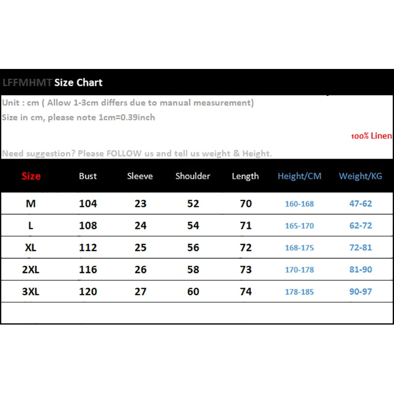 Size chart for men's 100% linen short sleeve shirt, available in M to 3XL, showing bust, sleeve, shoulder, length, and weight range.