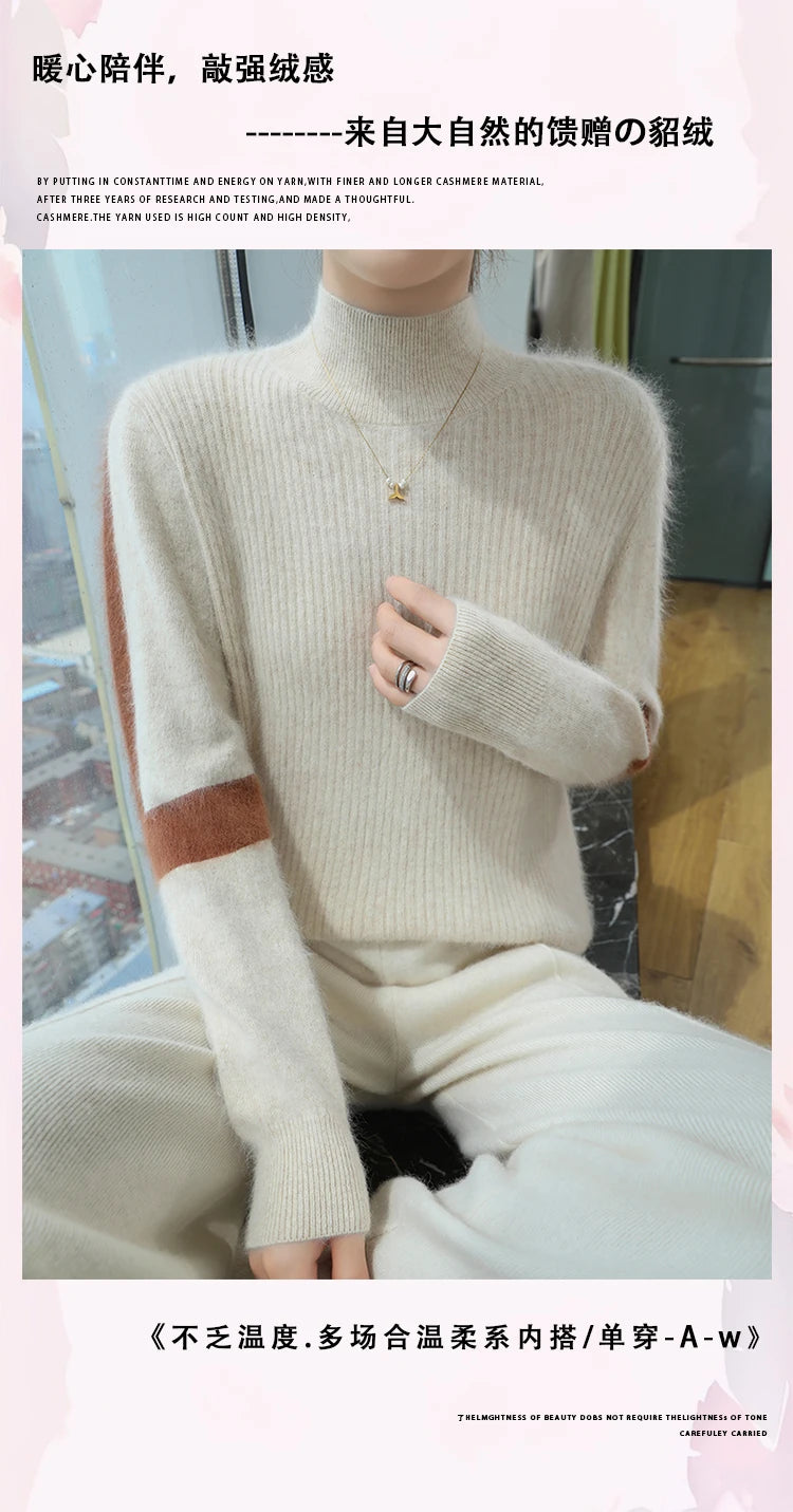 2024 Winter Ladies Turtleneck Mink Cashmere Sweater Women's Patchwork Color Base Knitwear Exquisite Super Warm Long Sleeve Top