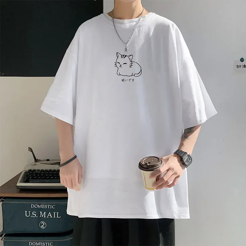 Men's oversized white cotton t-shirt with a cat print, casual summer wear, short sleeves.