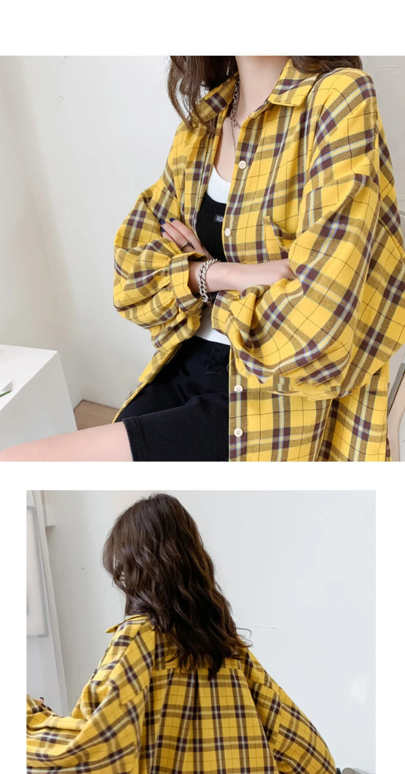 JMPRS Fashion Plaid Women Shirt Fashion Korean Oversize Tops Harajuku Daily All-match Long Sleeve Chic Female Yellow Shirts New