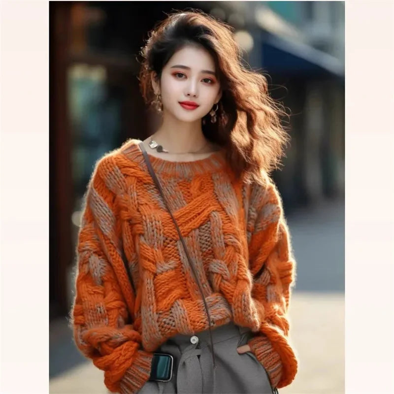 Korean Women Long Sleeves Xiaoxiangfeng Knitwear Winter Ladies Pullover Knitting 2024 Female Loose Fitting Thick Thread Sweater