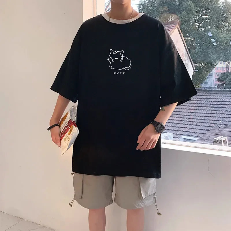 Men's oversized black cotton t-shirt with animal print, casual summer style, 5XL size.