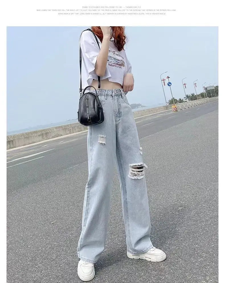 Pierced High Waist Jeans Women's Spring and Summer Thin Straight Tube Loose 2022 New Fashion Casual Thin Wide Leg Pants