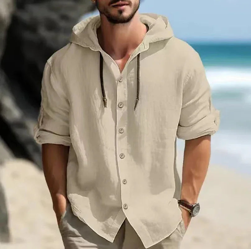 Men's casual loose hooded linen shirt, solid color, long sleeve, beach background.