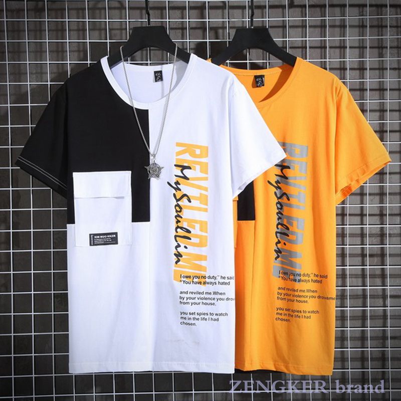 Summer short-sleeved men's loose oversized graphic t-shirt in black and orange patchwork.