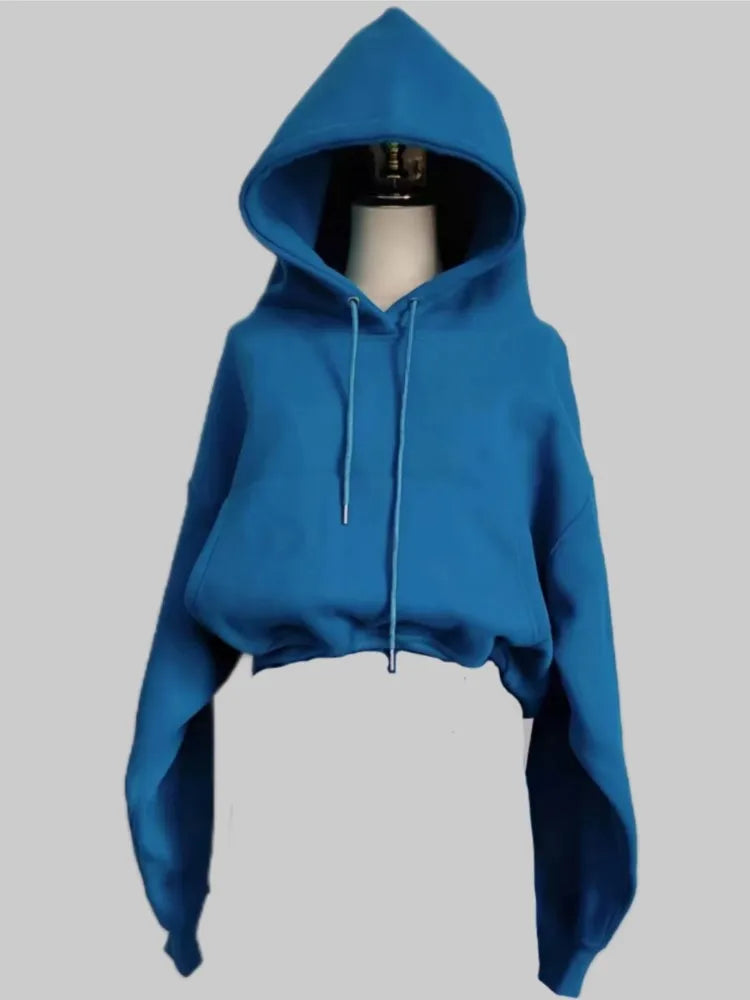 Women’s blue hooded fleece pullover from a casual two-piece winter tracksuit set.