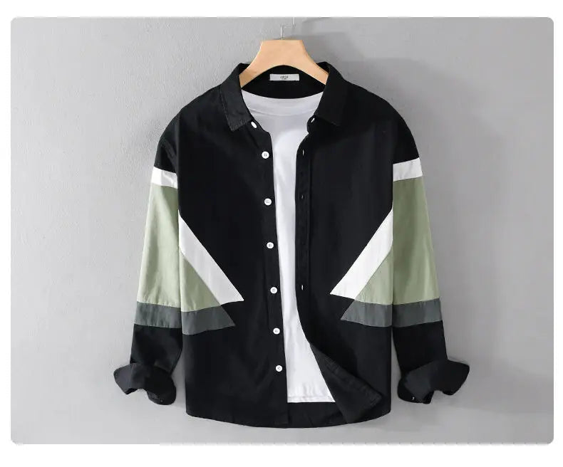 2023 New Spring and Autumn Season Thin Hong Kong Style Fashion Trend Splicing Contrast Color Casual Loose Versatile Men's Shirt