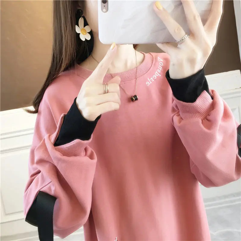 Autumn 2024 New Casual Patchwork Fake Two Pieces Sweatshirts Femme Simplicity Loose Irregular Pullover T-Shirts Women Clothing