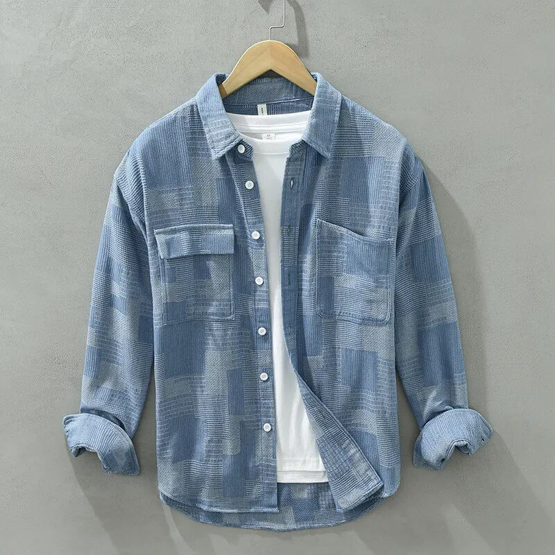 Men's vintage patch shirt, long sleeve, turn-down collar, solid blue, casual autumn winter wear.