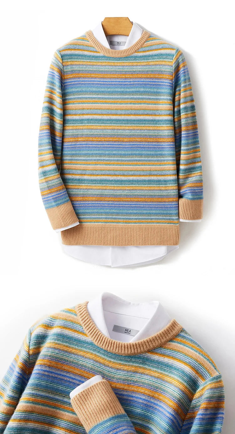 New 100% woolen sweater for young men in autumn and winter, thick sweater, warm stripe, loose casual knitted bottoming coat.